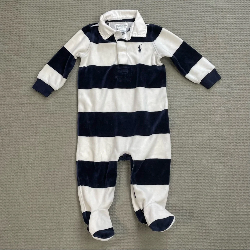 Ralph Lauren Velour Stripe Footie One Piece 9 Month Baby Preppy Pony